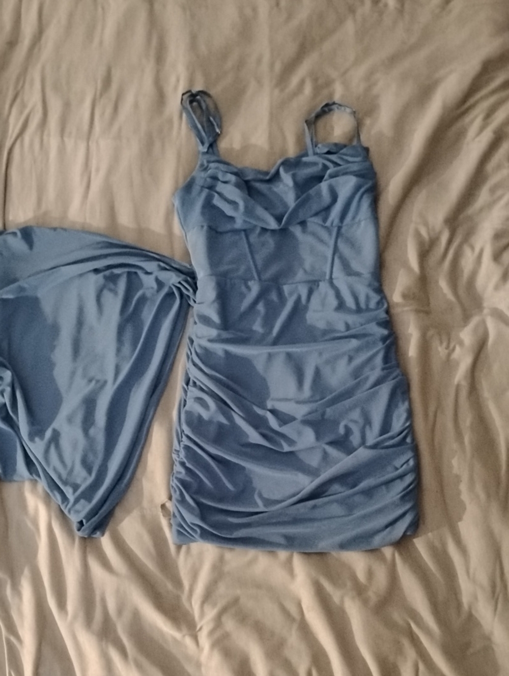 Oh Polly Light Blue Ruched Mini Slip Dress With Side Cape
